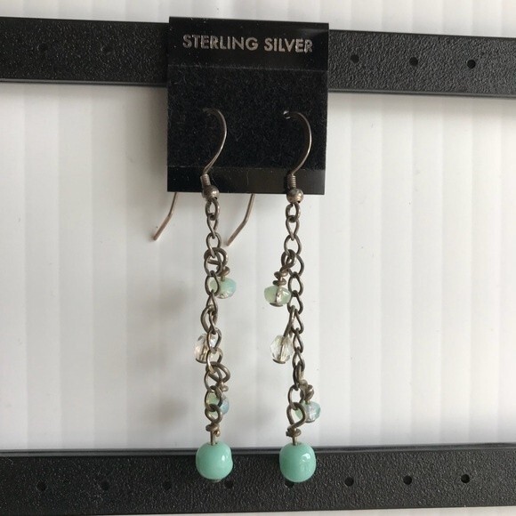 Vintage Handmade Aqua Beads Crystal Sterling Silver Dangle Drop Earrings - Picture 5 of 6